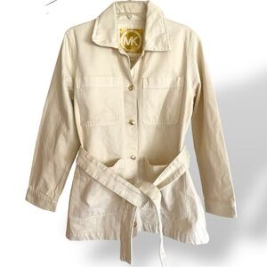 MICHAEL KORS Denim Safari Belted Jacket Cream Large NEW